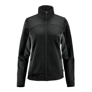 Women's Appaloosa Knit Jacket - A women's black knit jacket with a high collar and zippered front, featuring contrasting panel details and pockets.