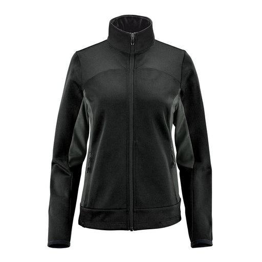 Women's Appaloosa Knit Jacket - A women's black knit jacket with a high collar and zippered front, featuring contrasting panel details and pockets.