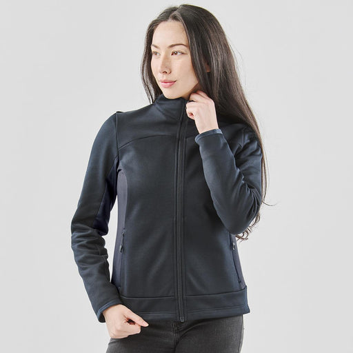 Women's Appaloosa Knit Jacket - A women's navy blue Appaloosa knit jacket with a zip front and high collar, featuring side pockets and a logo.