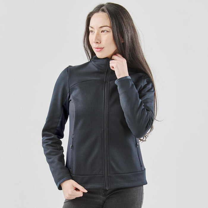 Women's Appaloosa Knit Jacket - A women's navy blue Appaloosa knit jacket with a zip front and high collar, featuring side pockets and a logo.
