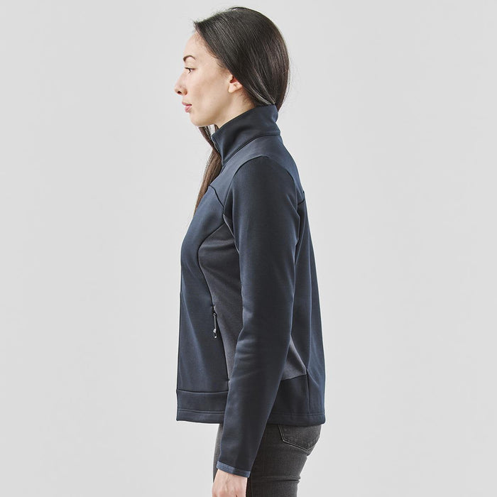 Women's Appaloosa Knit Jacket - A women's navy knit jacket featuring a high collar and zippered pockets, displayed from the side.