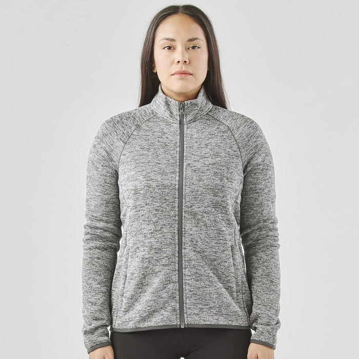 Women's Yosemite Full Zip Fleece Jacket - A women's full zip fleece jacket in grey with a high collar and long sleeves, featuring a logo.