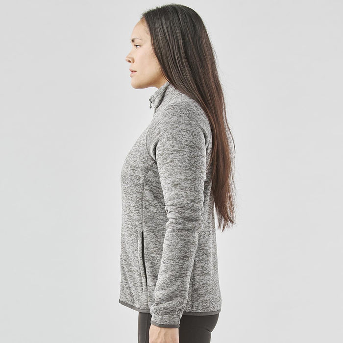 Women's Yosemite Full Zip Fleece Jacket - A women's full zip fleece jacket in grey, featuring a high collar and side pockets, with a logo.