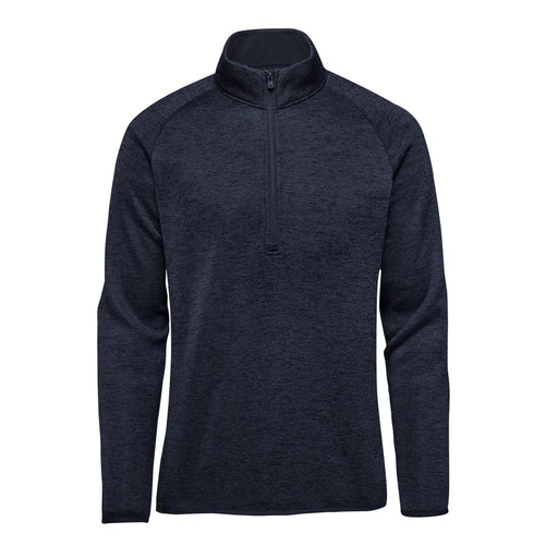 Men's Yosemite 1/2 Zip Fleece Jacket - A men's half-zip fleece jacket in navy blue with long sleeves and a stand-up collar. It has a logo on it.