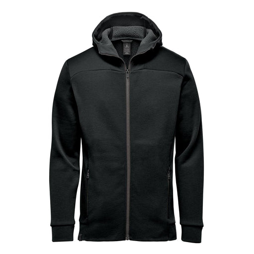 Men's Antares Performance Hoody - A black hoody featuring a zip front, a hood, and a soft inner lining, with side pockets and a logo.