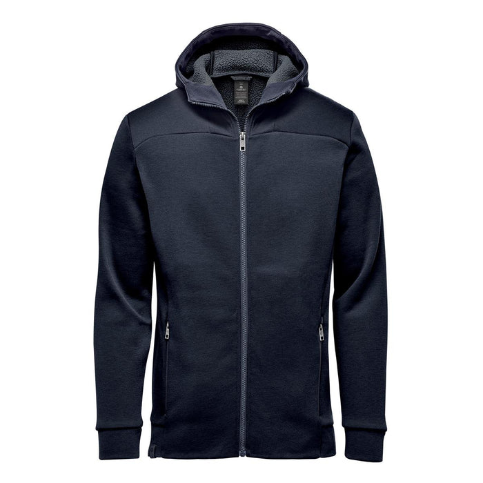Men's Antares Performance Hoody - A navy blue men's hoodie with a full zip, featuring a hood and side pockets, and a logo on the chest.