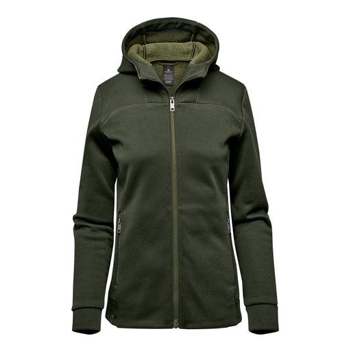 Women's Antares Performance Hoody - A women's hoody in dark green with a zip front and a lined hood. It features a logo on the chest.