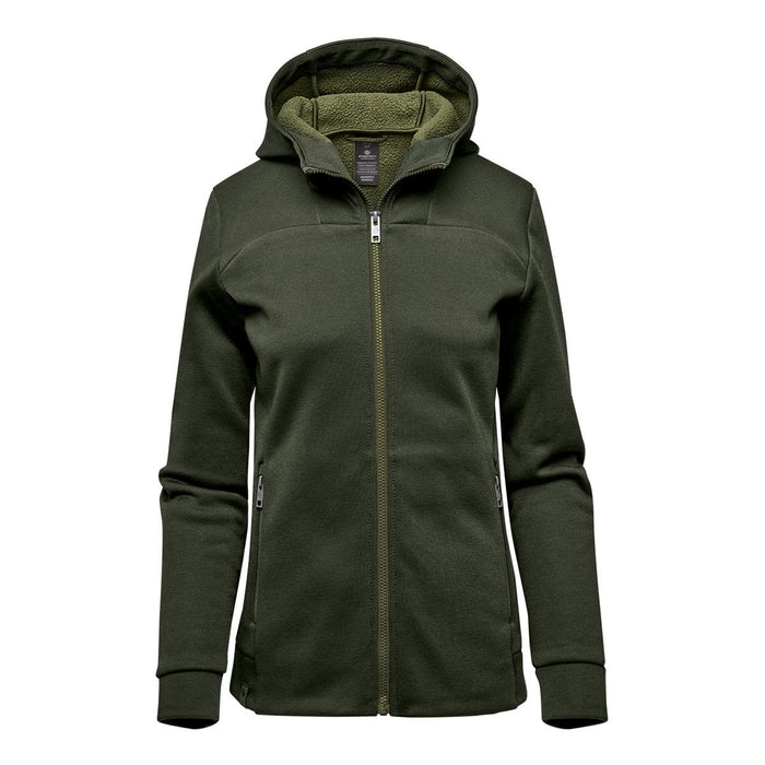 Women's Antares Performance Hoody - A women's hoody in dark green with a zip front and a lined hood. It features a logo on the chest.