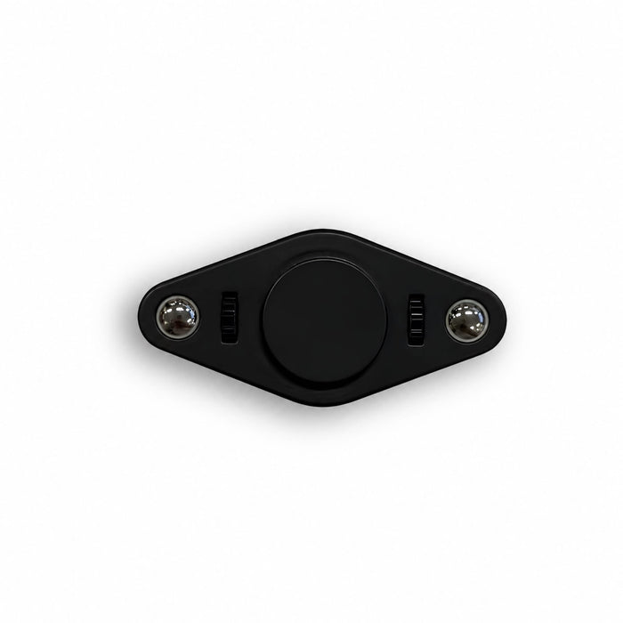Vibro Fidget Spinner - A black fidget spinner featuring a central disc and two spherical ends, with a sleek design and a logo.
