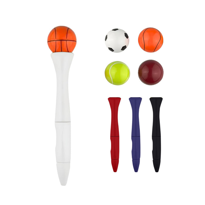 Sport’s Ball Fidget Spinner Pen - A white pen with a fidget spinner top featuring a basketball, soccer ball, tennis ball, and solid colour balls in red, purple, and black.