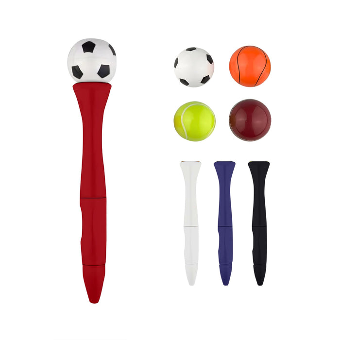 Sport’s Ball Fidget Spinner Pen - A red fidget spinner pen with a soccer ball top and four interchangeable sports balls: orange, tennis, purple, and black.