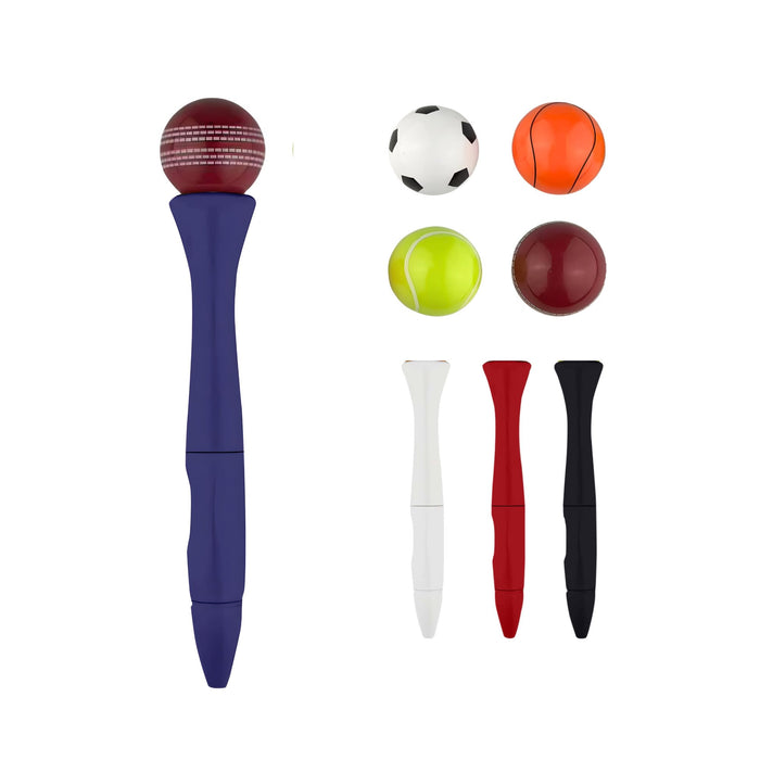 Sport’s Ball Fidget Spinner Pen - A fidget spinner pen in purple, featuring a cricket ball on top, alongside four small sport balls in various colours.