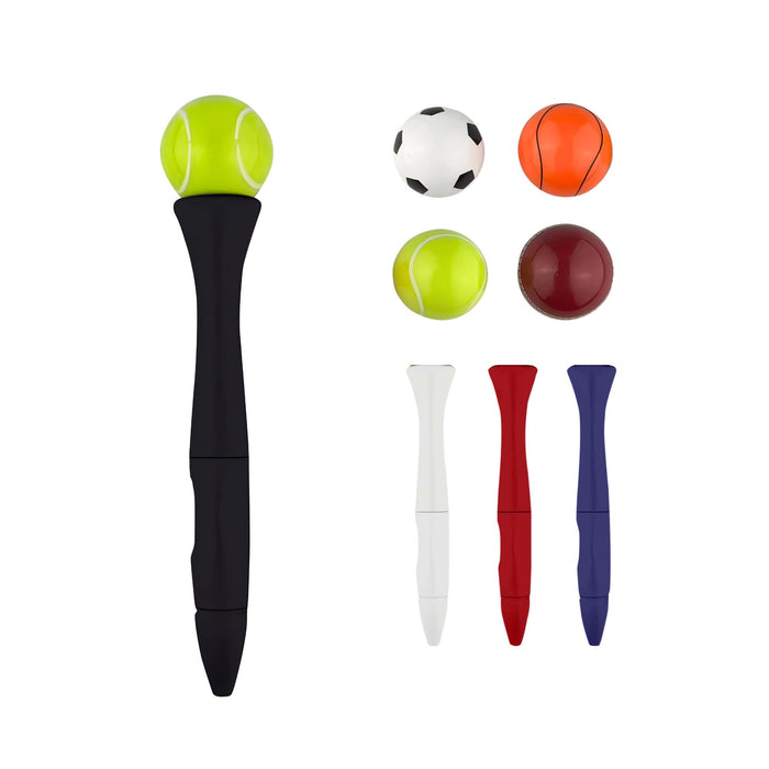 Sport’s Ball Fidget Spinner Pen - A black pen shaped like a fidget spinner, topped with a green tennis ball and accompanied by small coloured sports balls.