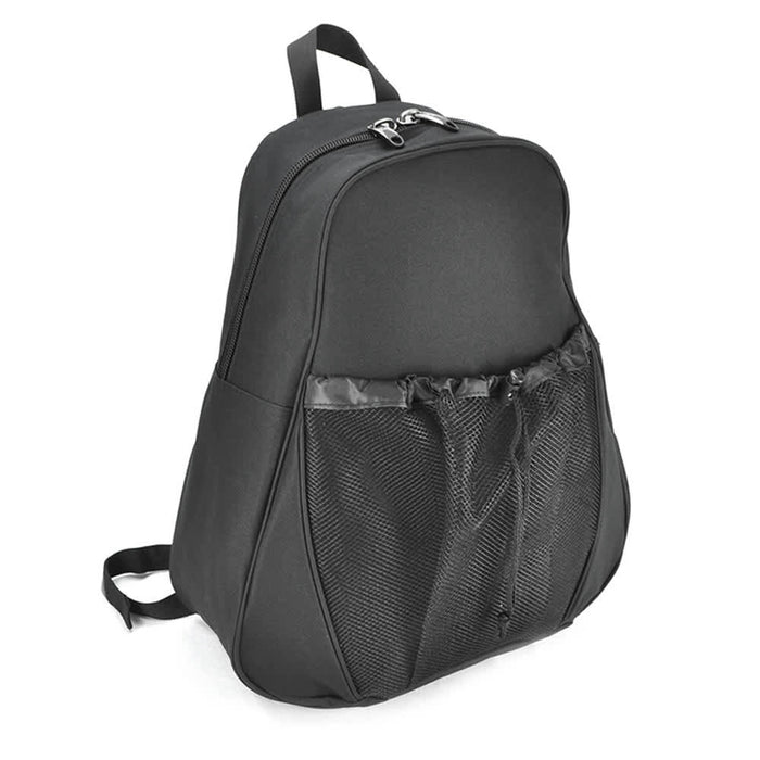 Perin Backpack - A black backpack with a mesh front pocket and dual zippered compartments. It features a logo on the front.