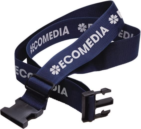 Destination Luggage Strap - A blue luggage strap featuring a logo, designed for securing bags. It has a buckle closure for convenience.