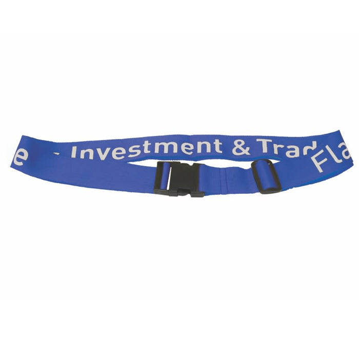 Destination Luggage Strap - A blue luggage strap with a clasp, featuring a logo and white text.