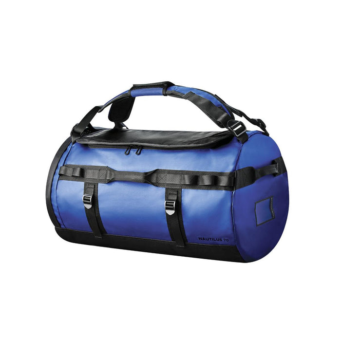Nautilus Waterproof Duffle 70 - A blue Nautilus Waterproof Duffle 70 bag with black accents and adjustable straps. It features a logo on the side.