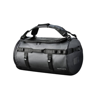 Nautilus Waterproof Duffle 70 - A black waterproof duffle bag with adjustable straps and a sleek design, featuring a logo.
