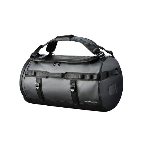 Nautilus Waterproof Duffle 70 - A black waterproof duffle bag with adjustable straps and a sleek design, featuring a logo.