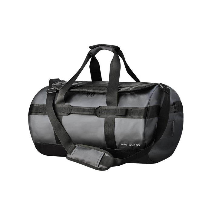 Nautilus Waterproof Duffle 35 - A waterproof duffle bag in dark grey, featuring sturdy handles, a detachable strap, and a logo.