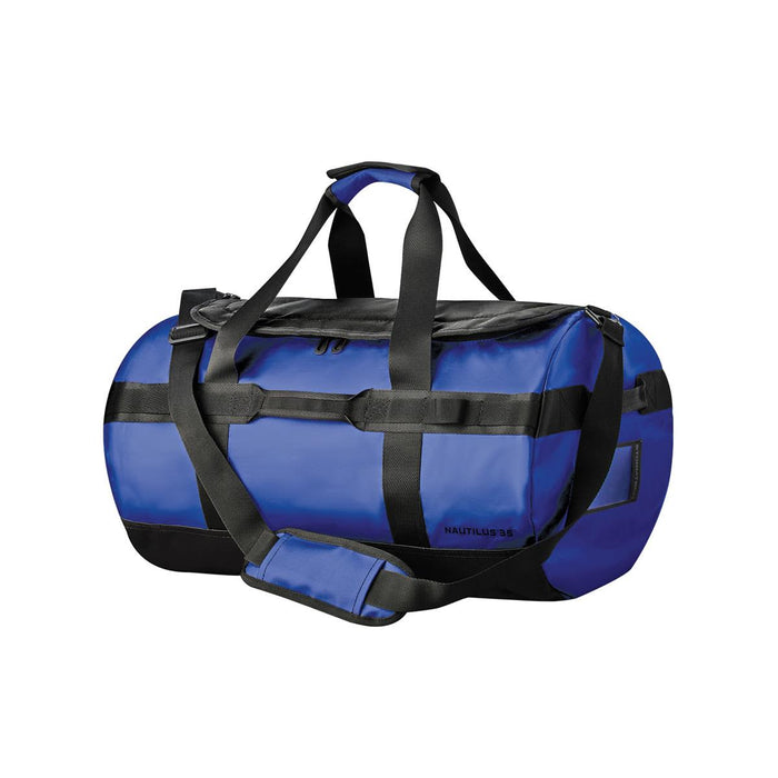 Nautilus Waterproof Duffle 35 - A waterproof duffle bag in blue and black, featuring adjustable straps and a logo on the side.