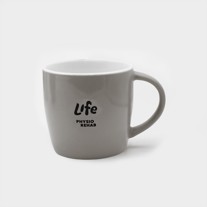 The Maxwell 330ml Ceramic Mug - A ceramic mug in light grey featuring a handle and a logo on the front.