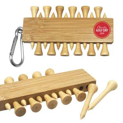 Bamboo Golf Tee Set - A bamboo golf tee set featuring natural wooden tees and a holder with a carabiner clip.