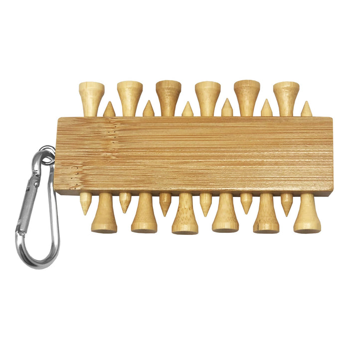 Bamboo Golf Tee Set - A bamboo golf tee set featuring multiple beige tees attached to a wooden holder with a carabiner.