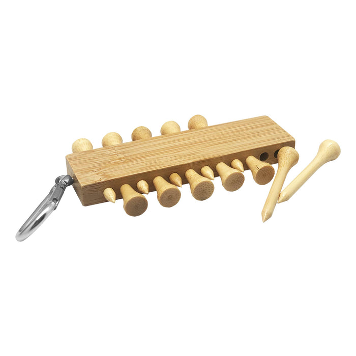 Bamboo Golf Tee Set - A bamboo golf tee set featuring various wooden tees and a keychain attachment. The set is primarily natural wood in colour.