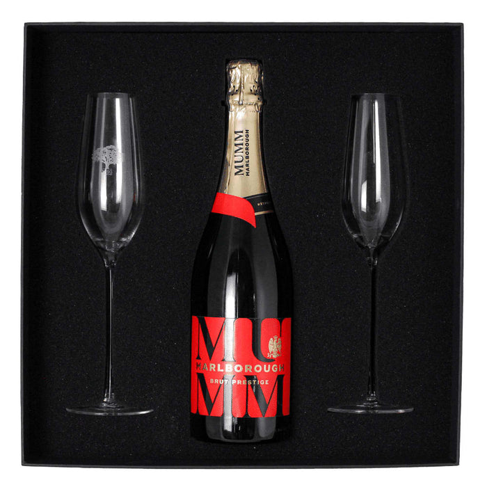 Champagne Flute Gift Set - A champagne flute gift set featuring a bottle of Mumm Marlborough Champagne and two elegant clear glass flutes.