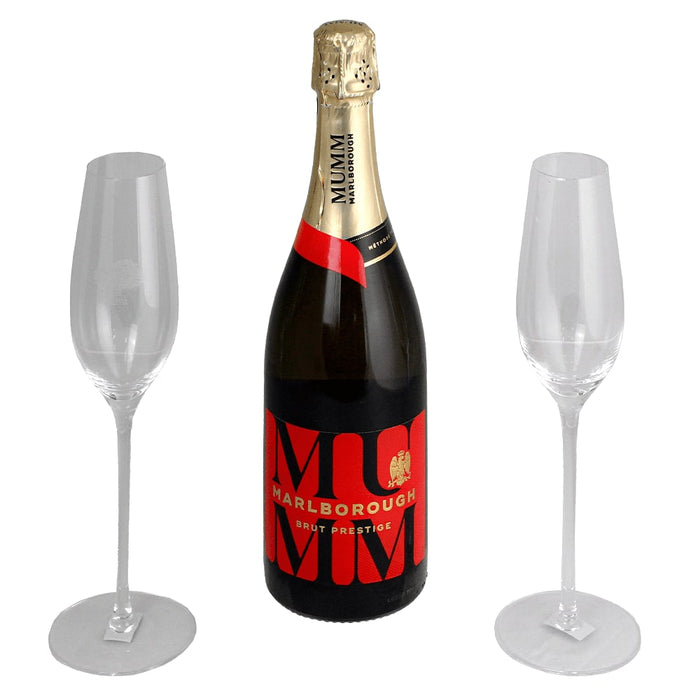 Champagne Flute Gift Set - A champagne bottle with two clear flutes, featuring red and gold branding, in a sleek presentation.