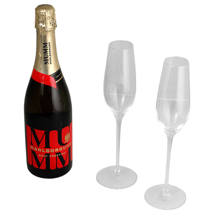 Champagne Flute Gift Set - A champagne bottle in dark glass with two clear champagne flutes. Features a logo on the bottle.