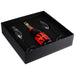 Champagne Flute Gift Set - A black gift box containing a bottle of champagne and two elegant glass flutes.