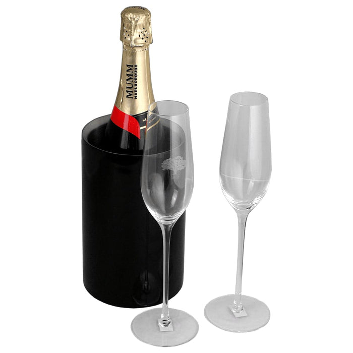 Champagne Flute Gift Set - A champagne flute gift set featuring a bottle of champagne in a black cooler and two elegant glass flutes.