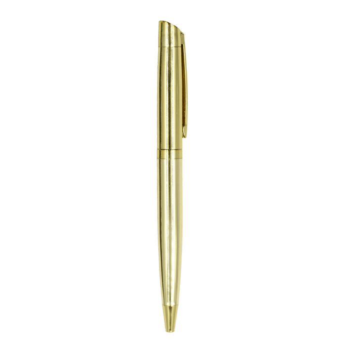 The Rhi Metal Ball Pen - A golden metal ballpoint pen featuring a sleek design and a pocket clip. It has a logo on the barrel.