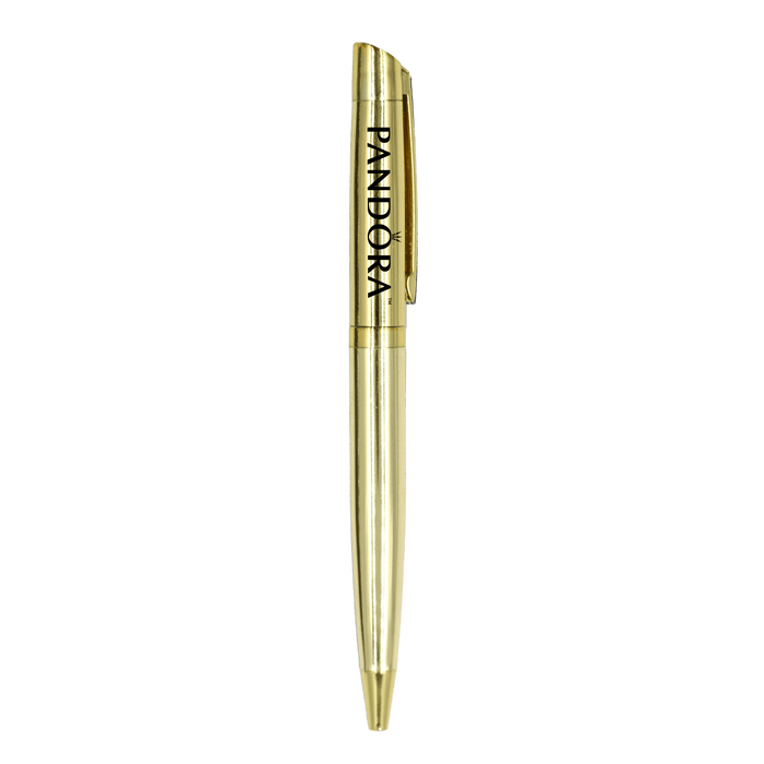 The Rhi Metal Ball Pen - A gold metal ball pen with a clip and a logo on the body.
