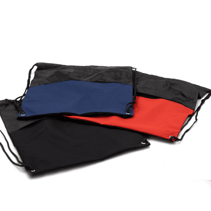 The Buddy Drawstring Bag - A collection of three drawstring bags in black, red, and blue, featuring adjustable cords and a logo.