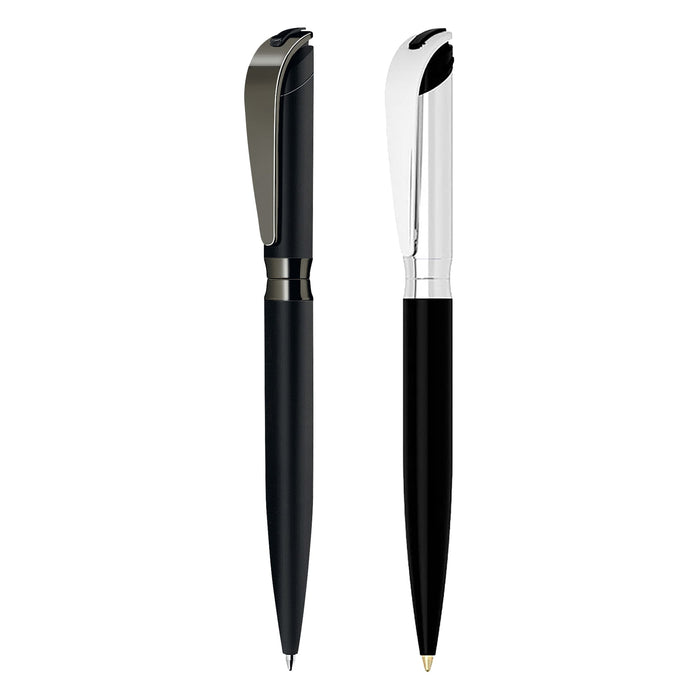 Premum Kilo Metal Pen Gift Set - A metal pen gift set featuring a sleek black pen and a silver-accented pen, both with a logo.