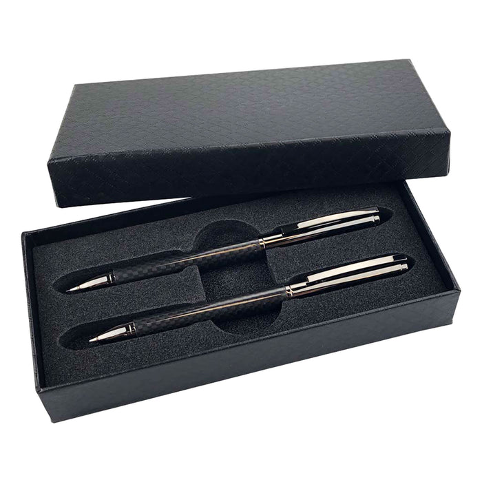 FUSION Carbon Pen and Pencil Gift Set - A black gift box contains a carbon pen and pencil set, featuring a sleek design and silver accents.