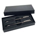 FUSION Carbon Pen and Pencil Gift Set - A black gift box contains a carbon pen and pencil set, featuring a sleek design and silver accents.