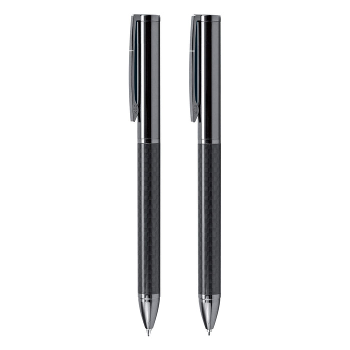 FUSION Carbon Pen and Pencil Gift Set - A sleek gift set featuring a carbon-finished pen and pencil, both in a polished chrome design.