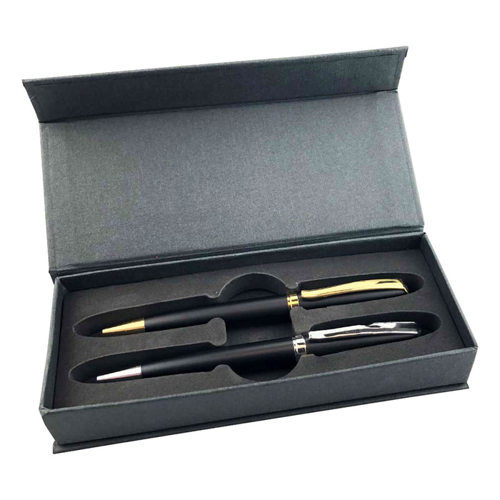 Prime Premium Pen Gift Set - A black and gold metal pen gift set displayed in a grey box, featuring two pens with a logo.