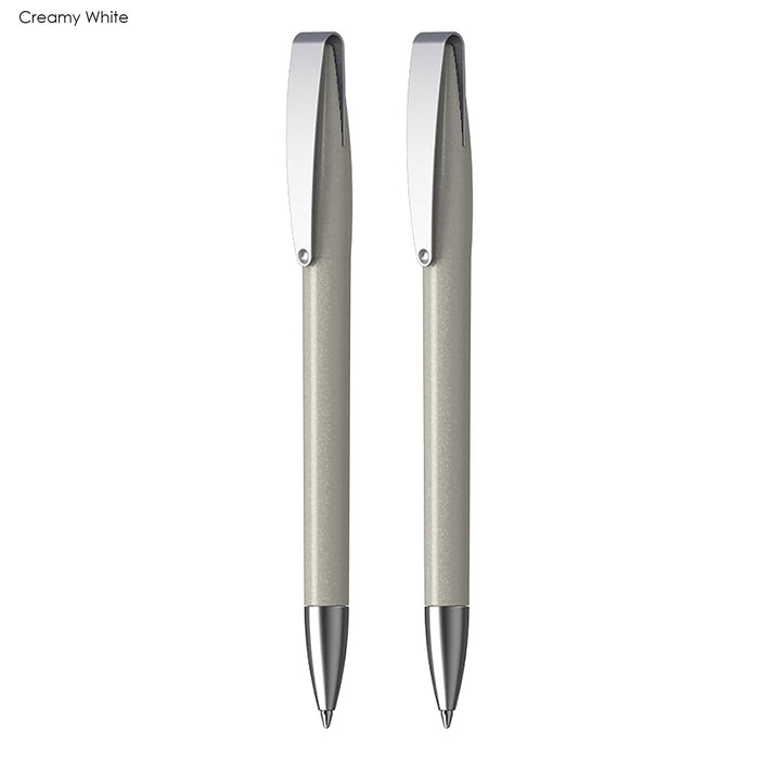 Executive COBRA Metallic MM Gift Set - A set of two creamy white plastic pens with metallic accents and a branding logo on the clip.