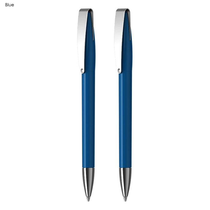 Prestige Pen Gift Set - A set of two blue plastic pens with silver clips, featuring a sleek design and a simple logo.