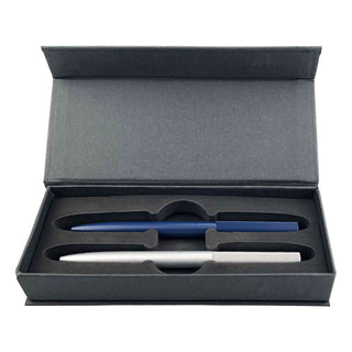 Valorias Elite Pen Gift Set - A gift box containing two metal pens, one silver and one blue, in a padded interior.