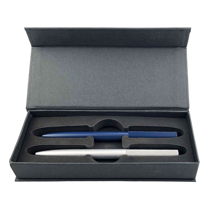 Valorias Elite Pen Gift Set - A gift box containing two metal pens, one silver and one blue, in a padded interior.