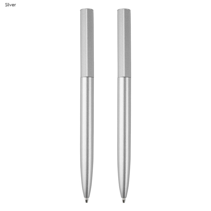 Valorias Elite Pen Gift Set - A silver pen gift set featuring two metal pens, elegantly designed with a sleek finish. Includes branding.