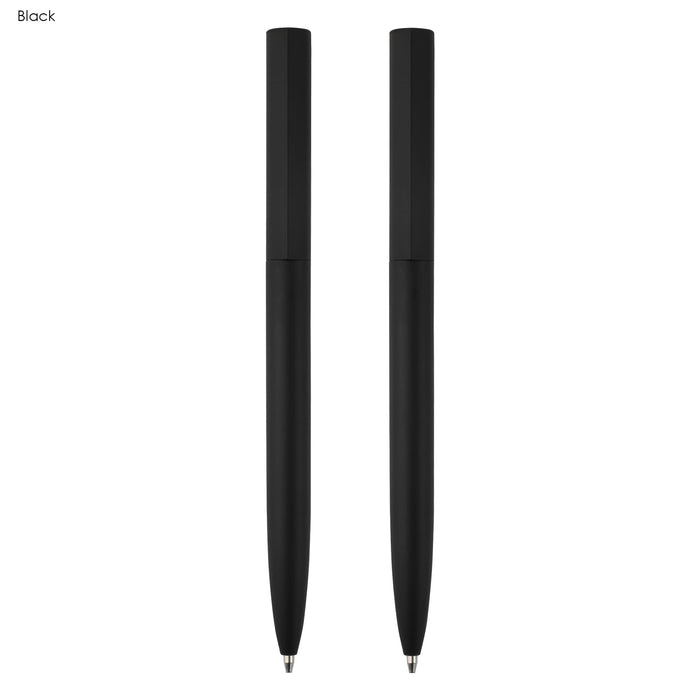 Valorias Elite Pen Gift Set - A set of two black metal pens in a sleek design, presented in a gift set. Features branding on one pen.