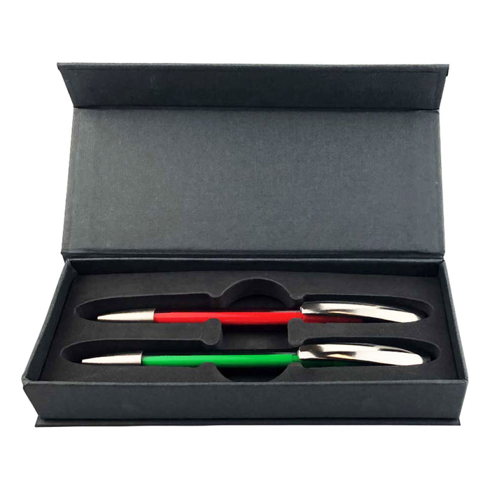 ARCA Luxe Pen Gift Set - A gift box containing two plastic pens, one red and one green, with silver accents. The box has a sleek design and a logo.