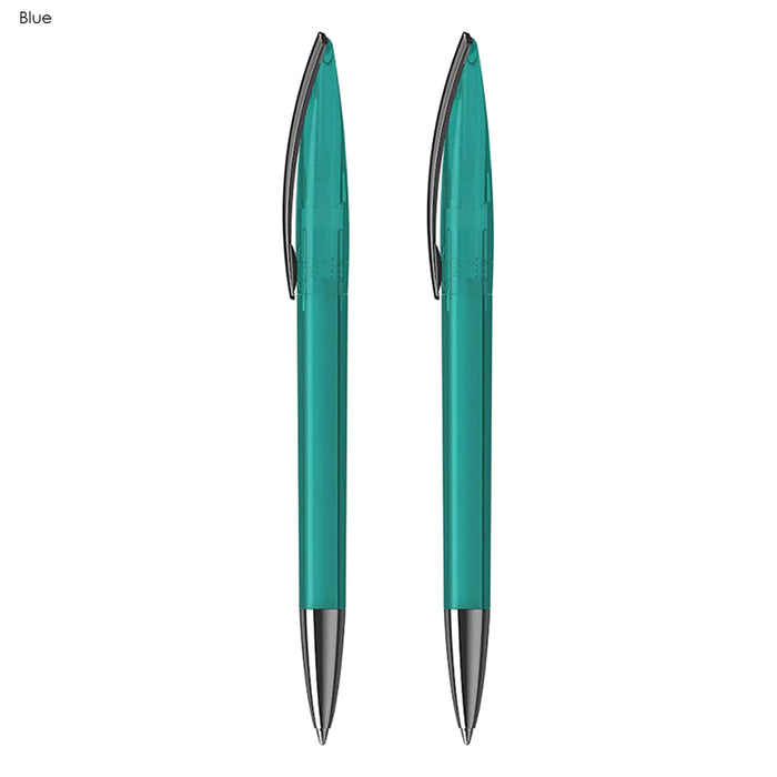 ARCA Luxe Pen Gift Set - A set of two blue plastic pens with silver accents, featuring a sleek design and clear barrel.